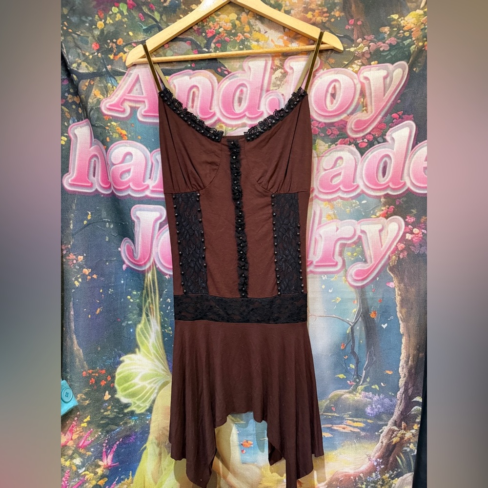 Brown Lace-Trim Slip Dress